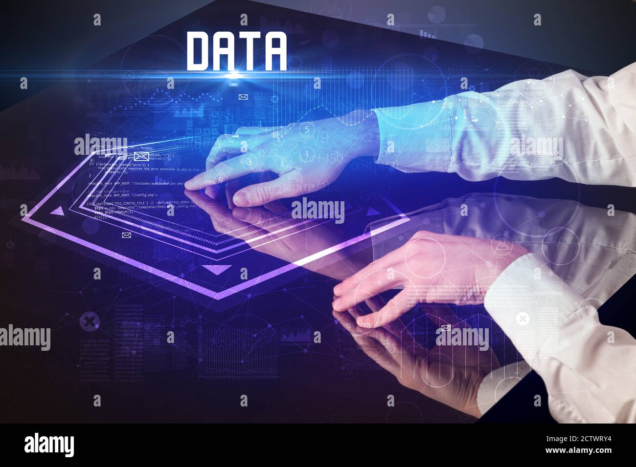 Hand touching digital table with DATA inscription, new age security ...
