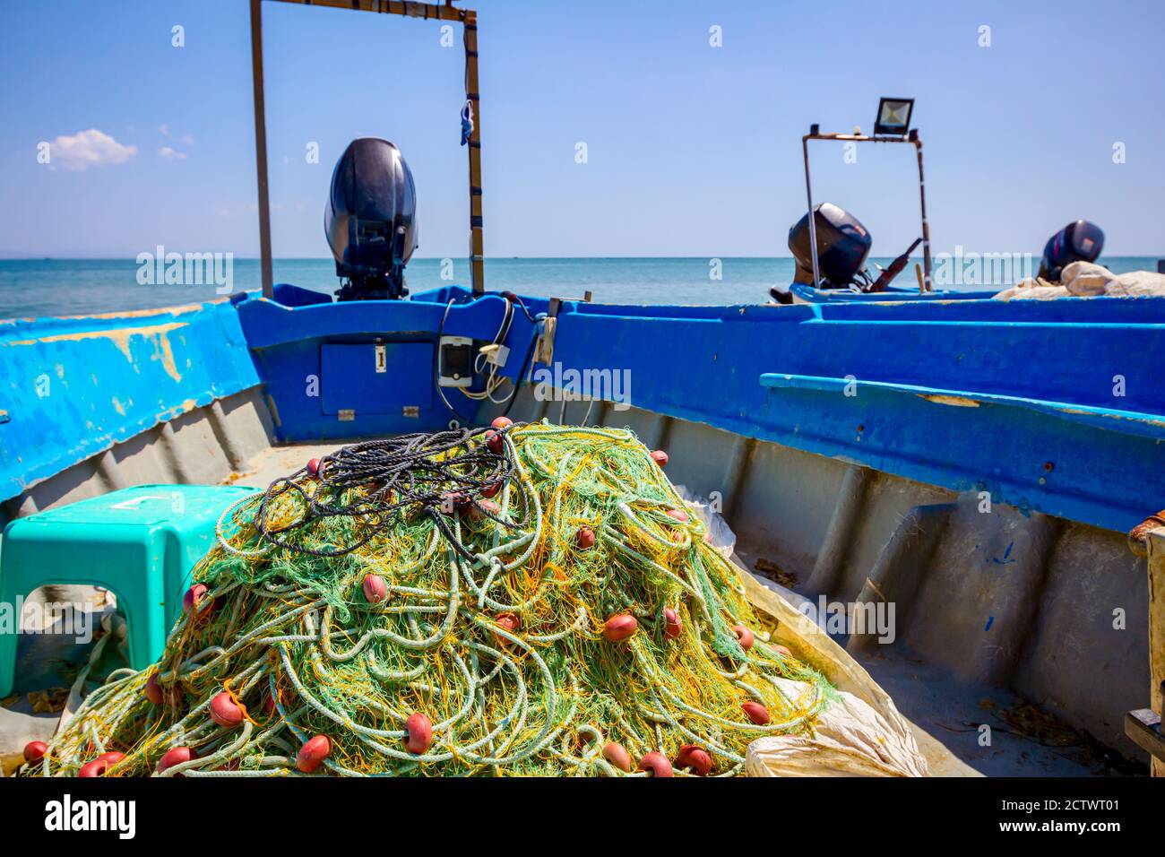 Pile of commercial fishing net, equipment for angling at open sea