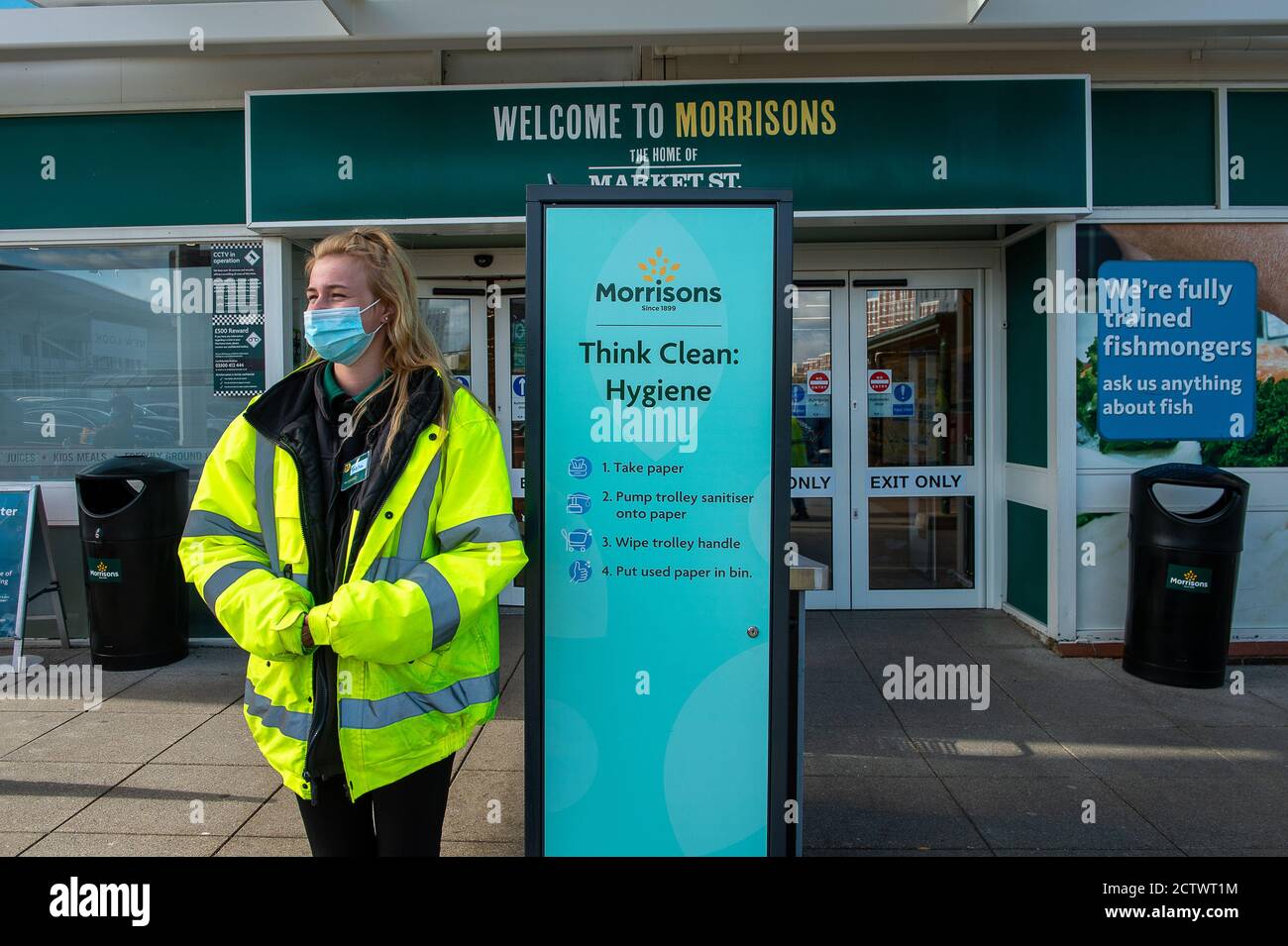 Bracknell, Berkshire, UK. 25th September, 2020. Following the spike in positive Coronavirus Covid-19 cases, Morrisons are the first supermarket to bring back their product sales rationing in a bid to stop people panic buying as they did when the UK first went into lockdown earlier this year. Sales of some products such as toilet rolls, pasta, breakfast cereals and hand sanitiser are now limited to three items per customer. Morrisons also have marshals at the entrance to their supermarket. Credit: Maureen McLean/Alamy Live News Stock Photo