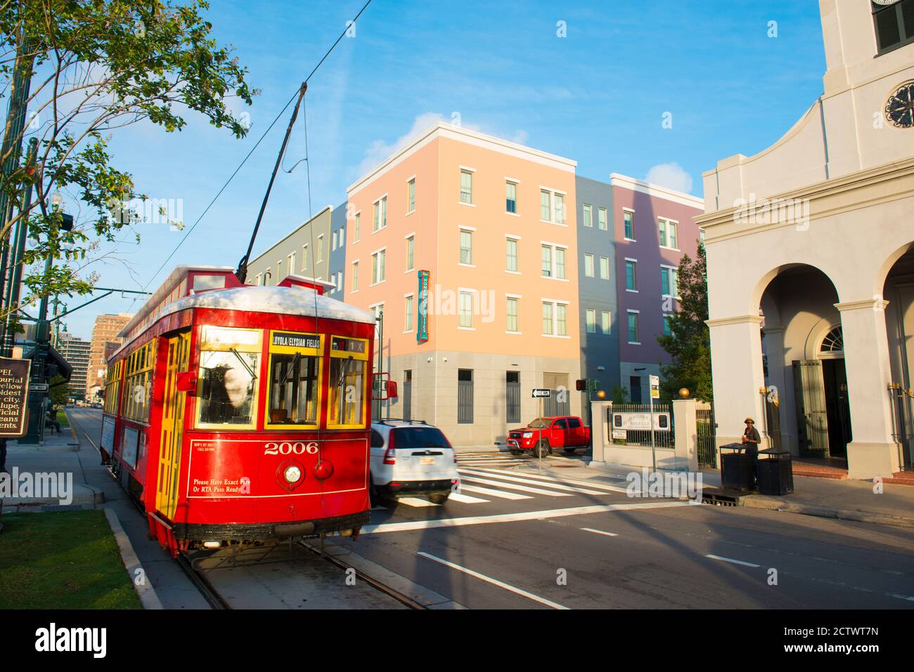 RTA antique Streetcar Rampart–St. Claude Line Route 49 on North Rampart Street in New Orleans, Louisiana, USA. Stock Photo