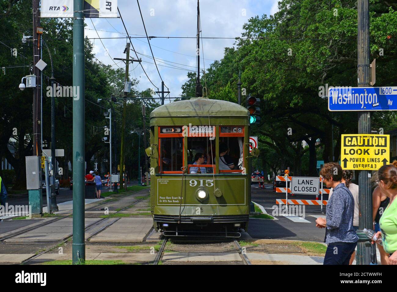 RTA antique Streetcar St. Charles Line Route 12 on St. Charles Avenue in downtown New Orleans, Louisiana, USA. This line is registered as a US Nationa Stock Photo