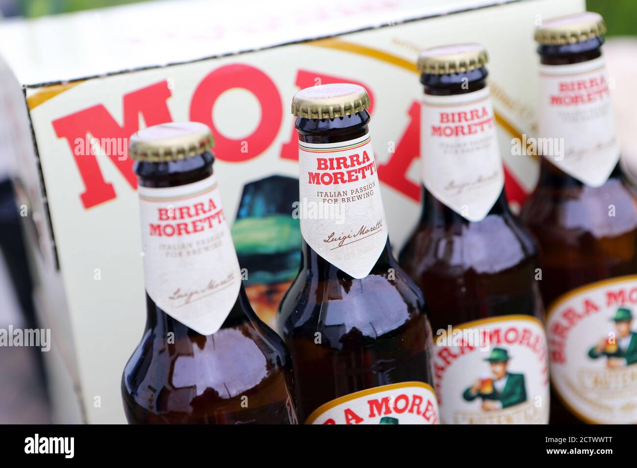 Bottles of Birra Moretti Italian beer Stock Photo