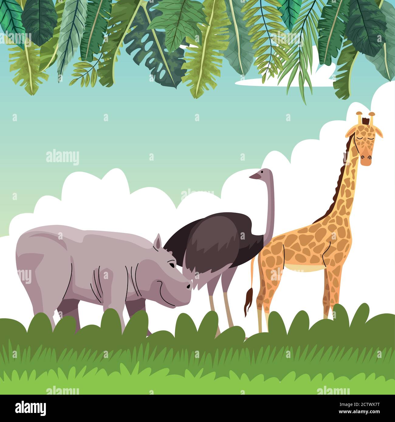 wild hippopotamus with oztrich and giraffe vector illustration design ...