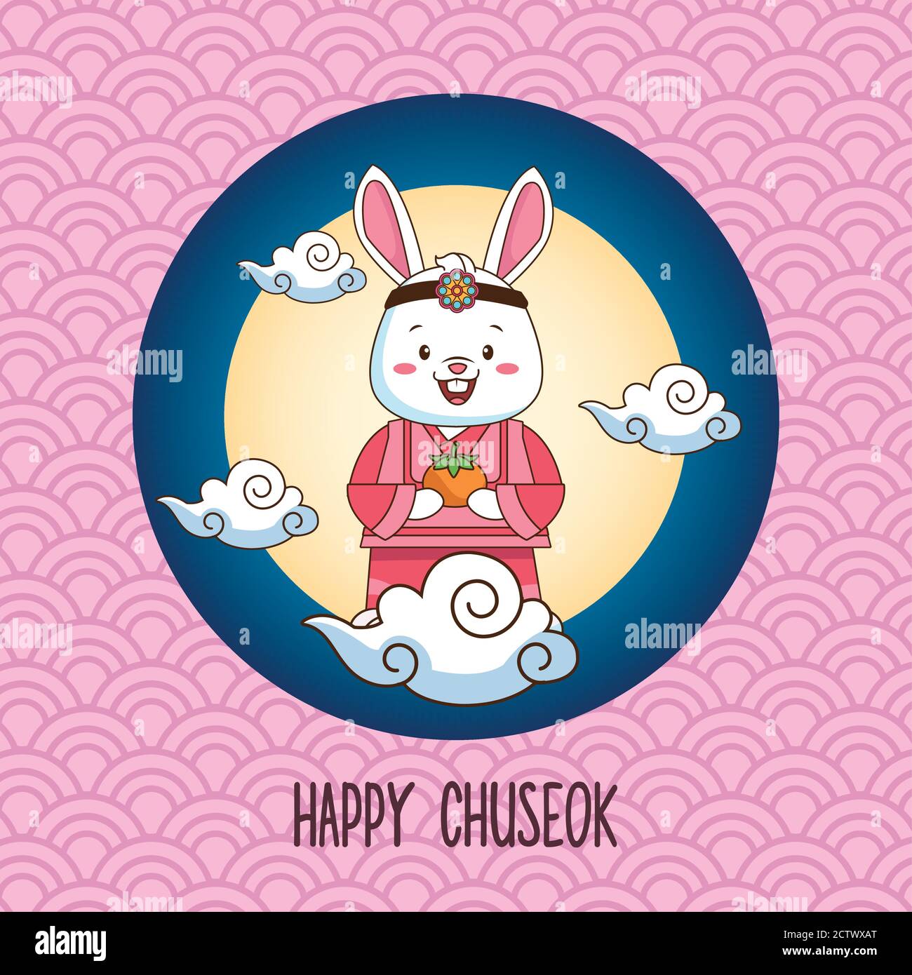 happy chuseok celebration with rabbit lifting orange fruit in fullmoon ...