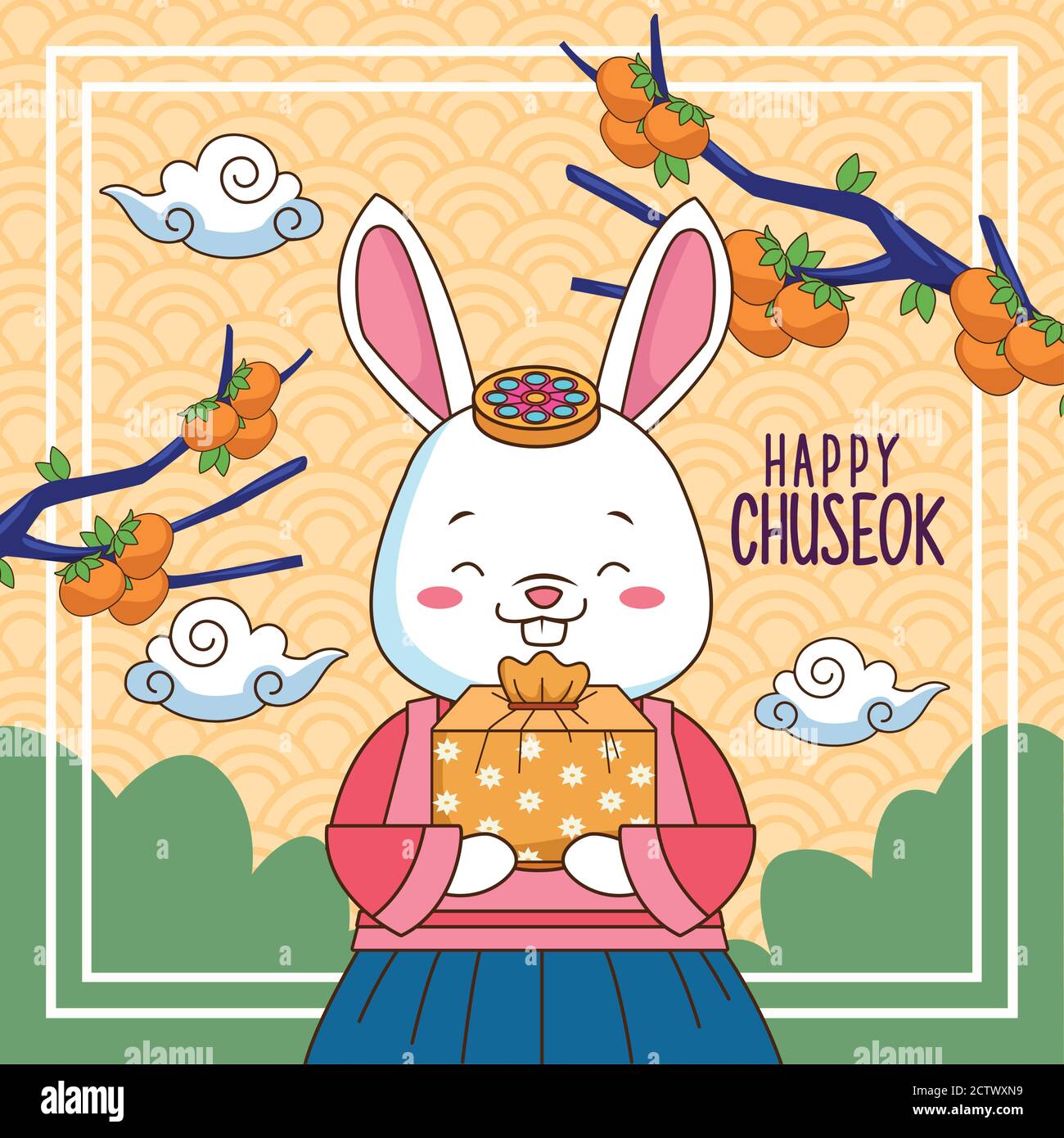 happy chuseok celebration with rabbit lifting gift and branches trees vector illustration design Stock Vector