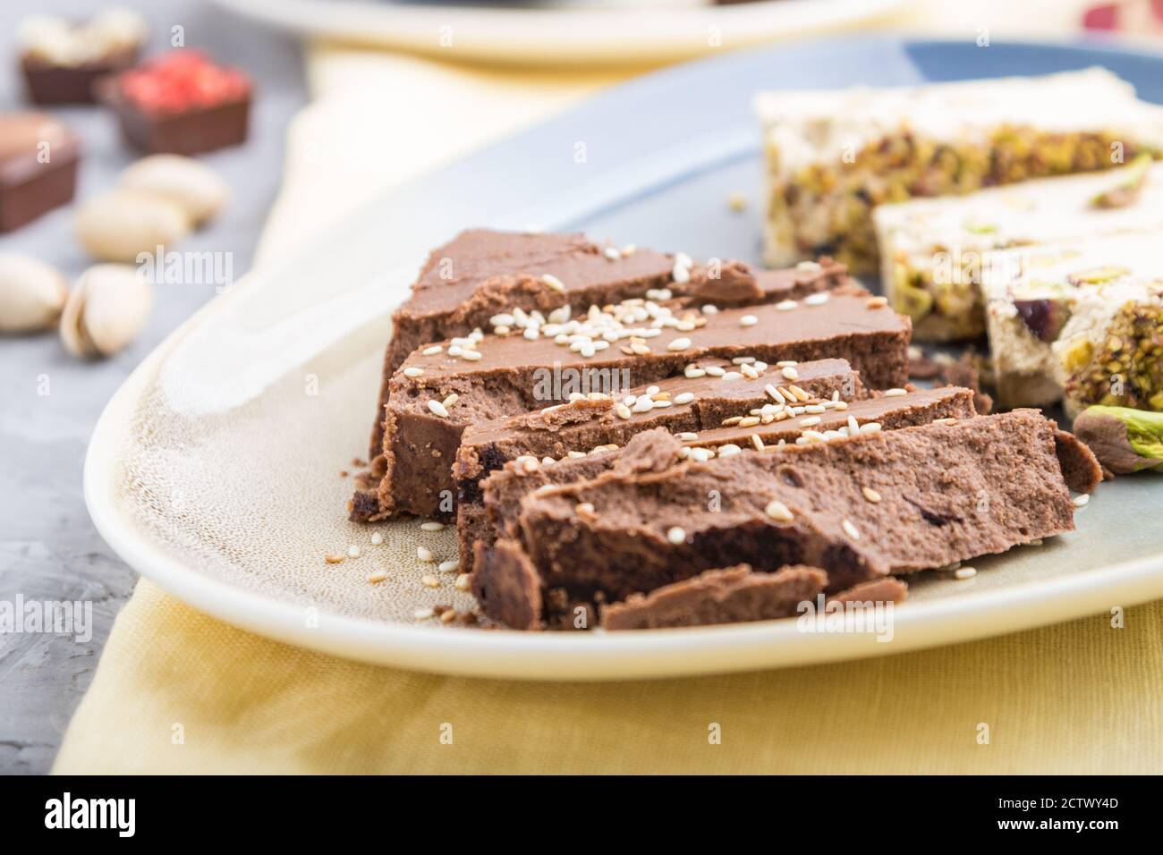traditional arabic sweets sesame halva with chocolate and pistachio and