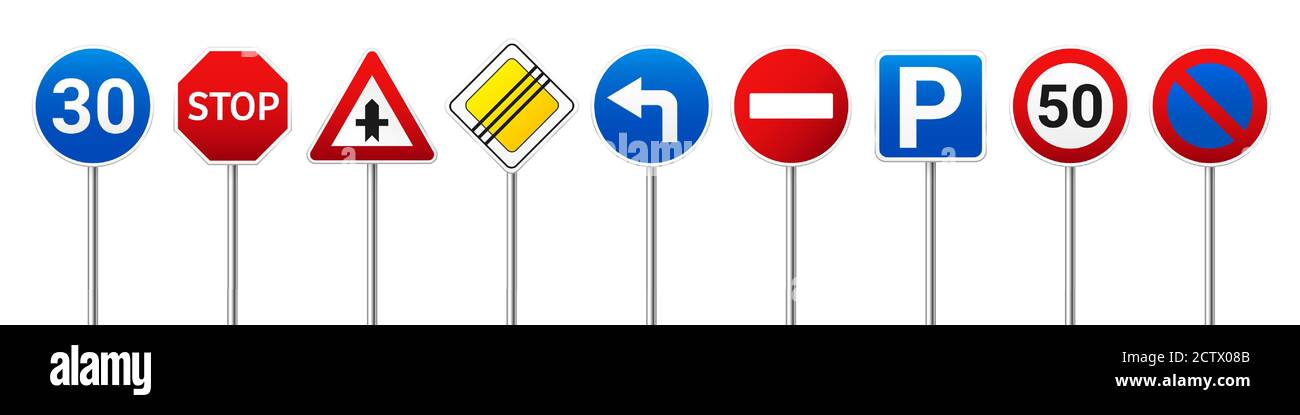 Road highway regulatory signs set. Traffic control and lane usage. Stop ...