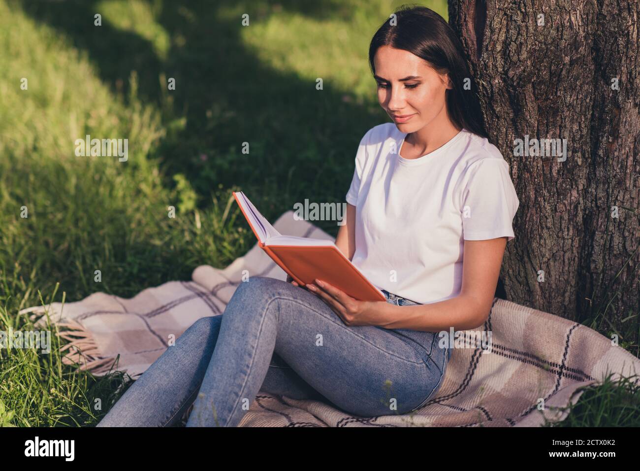 Portrait of her she nice attractive pretty lovely cute cheery focused girl reading interesting book sitting on lawn green color grass veil duvet Stock Photo