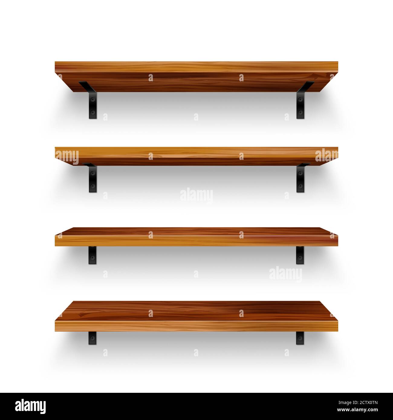Realistic empty wooden store shelves set. Product shelf with wood
