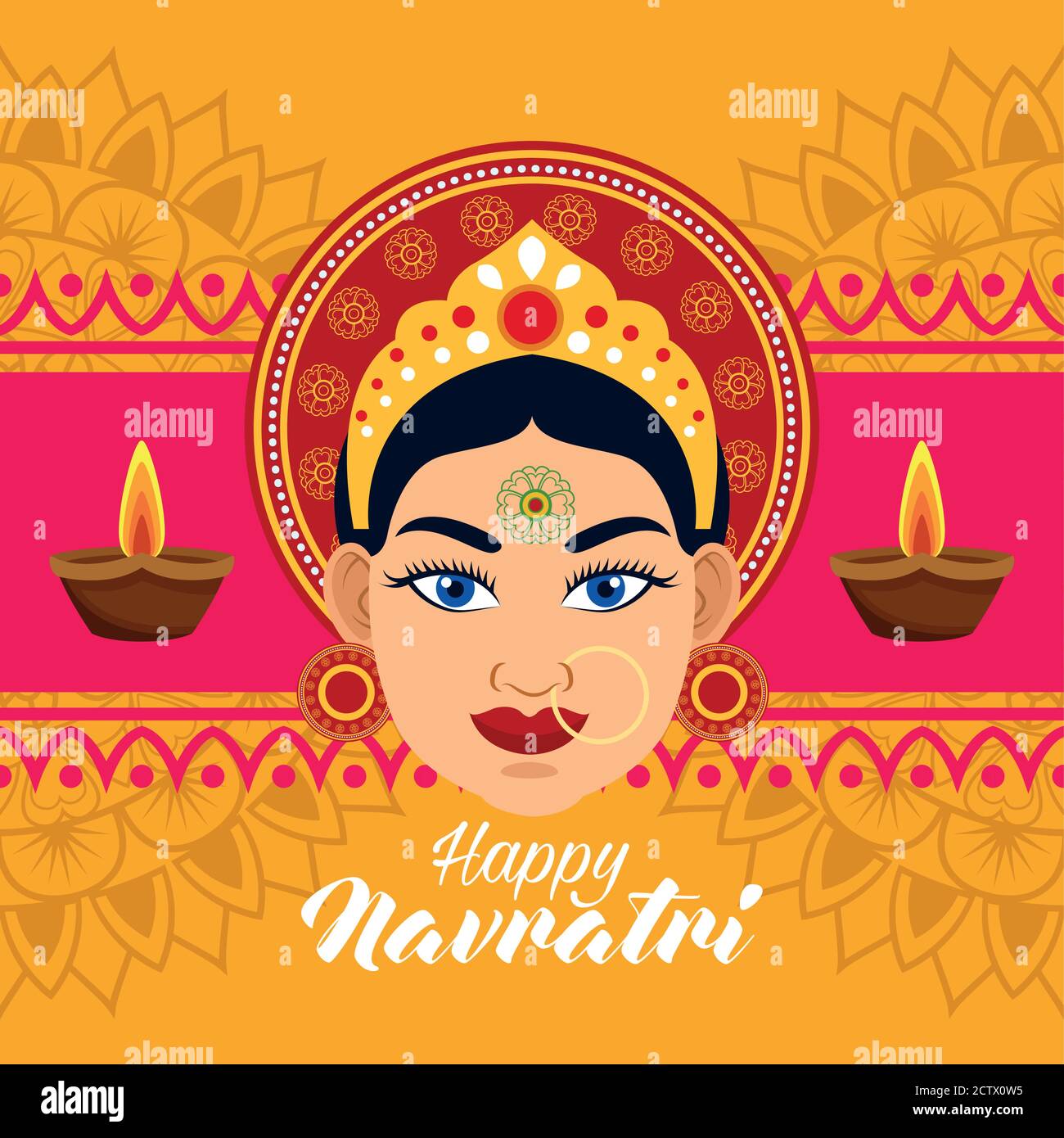 happy navratri celebration card with beautiful goddess and candles