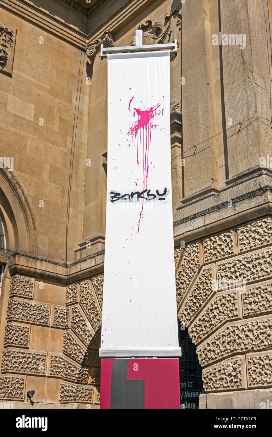 A banner advertising Banksy's show at Bristol Museum and Art Gallery in Bristol, UK 0n 16 June 2009 Stock Photo