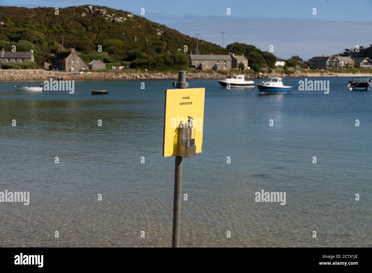 A hand sanitising station on the Isles of Scilly. Stock Photo