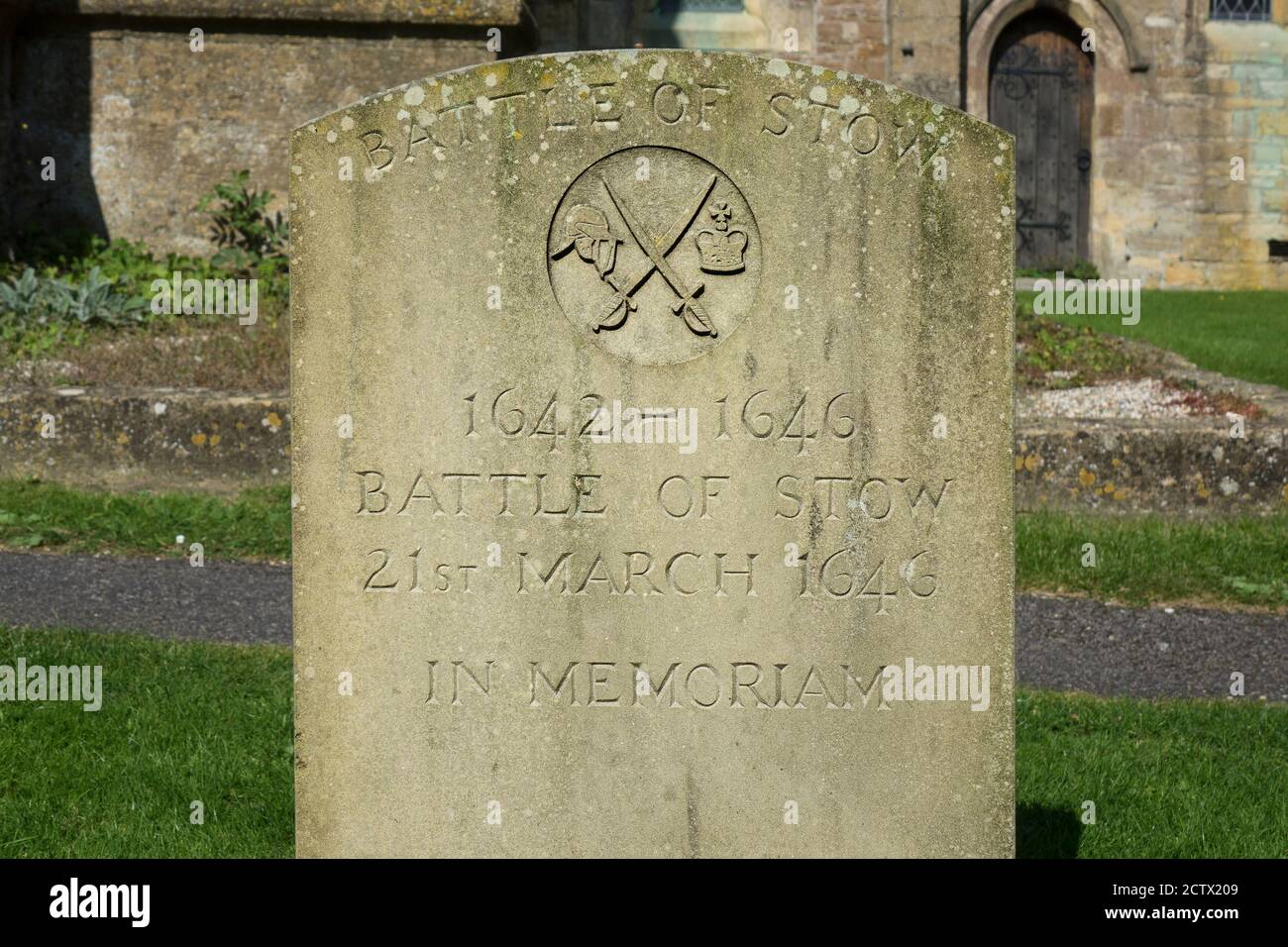 England, Gloucestershire, Stow-on-the-Wold, Churchyard stone commemorating 1646 Civil war battle Stock Photo