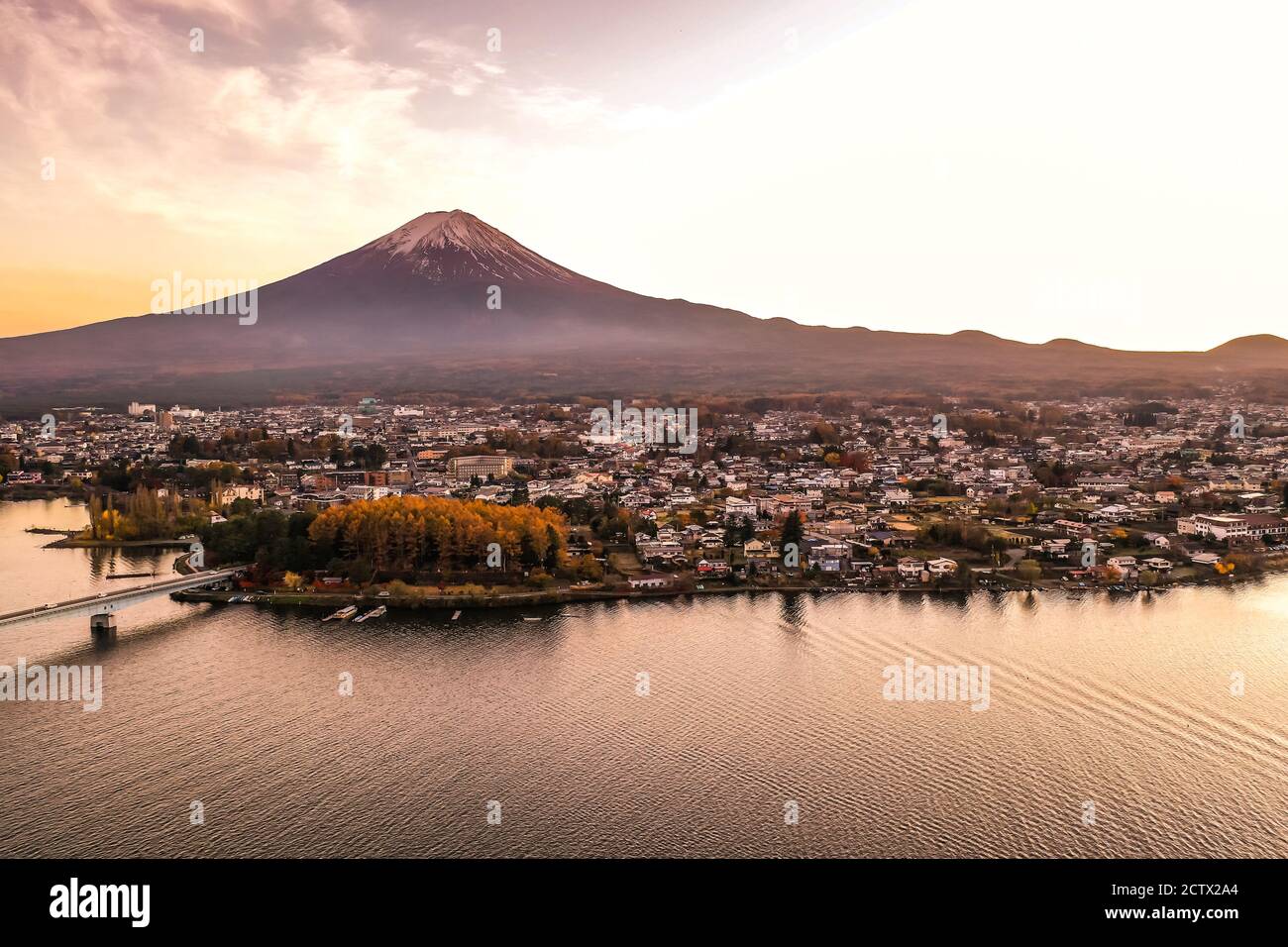 Aerial view over lake Kawaguchi, located in the border Fujikawaguchiko and Minobu, southern Yamanashi Prefecture near Mount Fuji, Japan. Lake Kawaguch Stock Photo