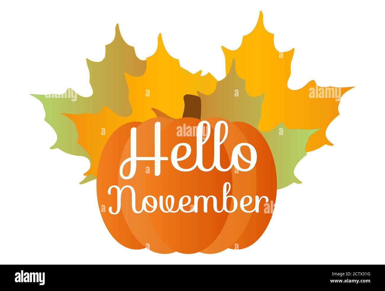 Hello November quote with pumpkin and orange maple leafes isolated illustration Stock Vector
