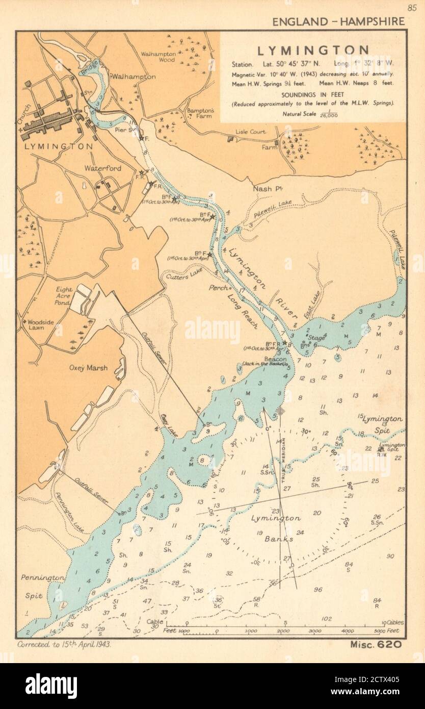 Lymington town plan & sea chart. Waterford. Hampshire. ADMIRALTY 1943