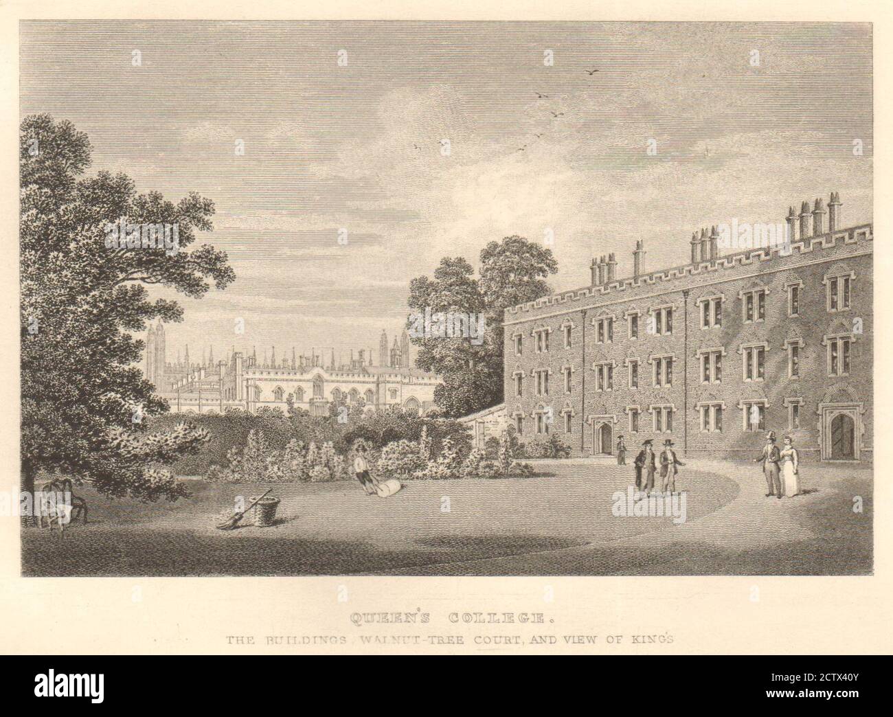 Queen's College. Buildings, Walnut-Tree Court & King's, Cambridge. LE KEUX 1841 Stock Photo