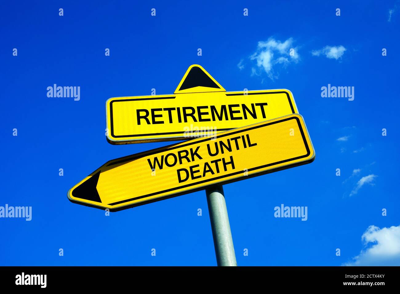 Retirement or Work Until Death Traffic sign with two options Old