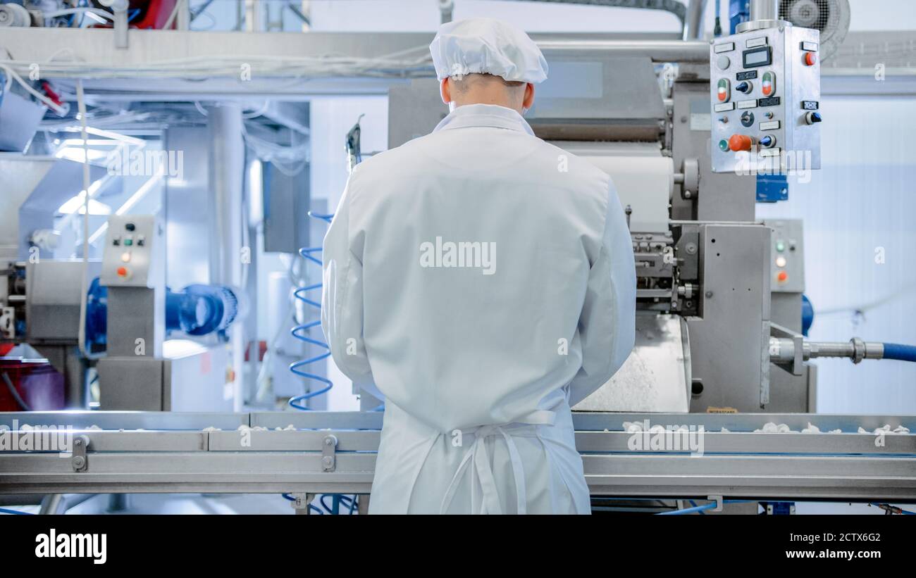 Young Male Food Conveyor Belt Employee Works at a Dumpling Factory. He