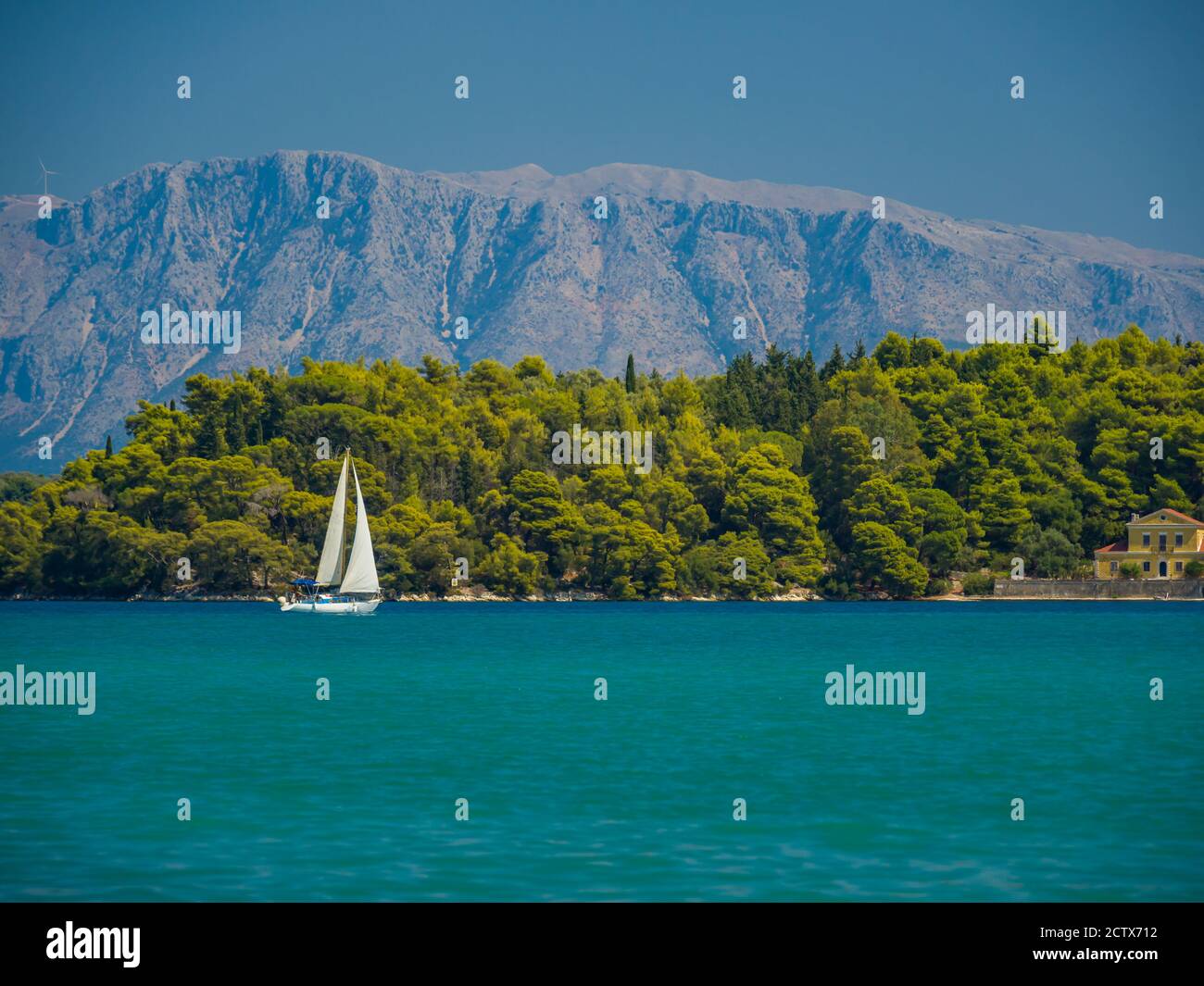 Saiing ship in the bay of Nidri in Greece Stock Photo