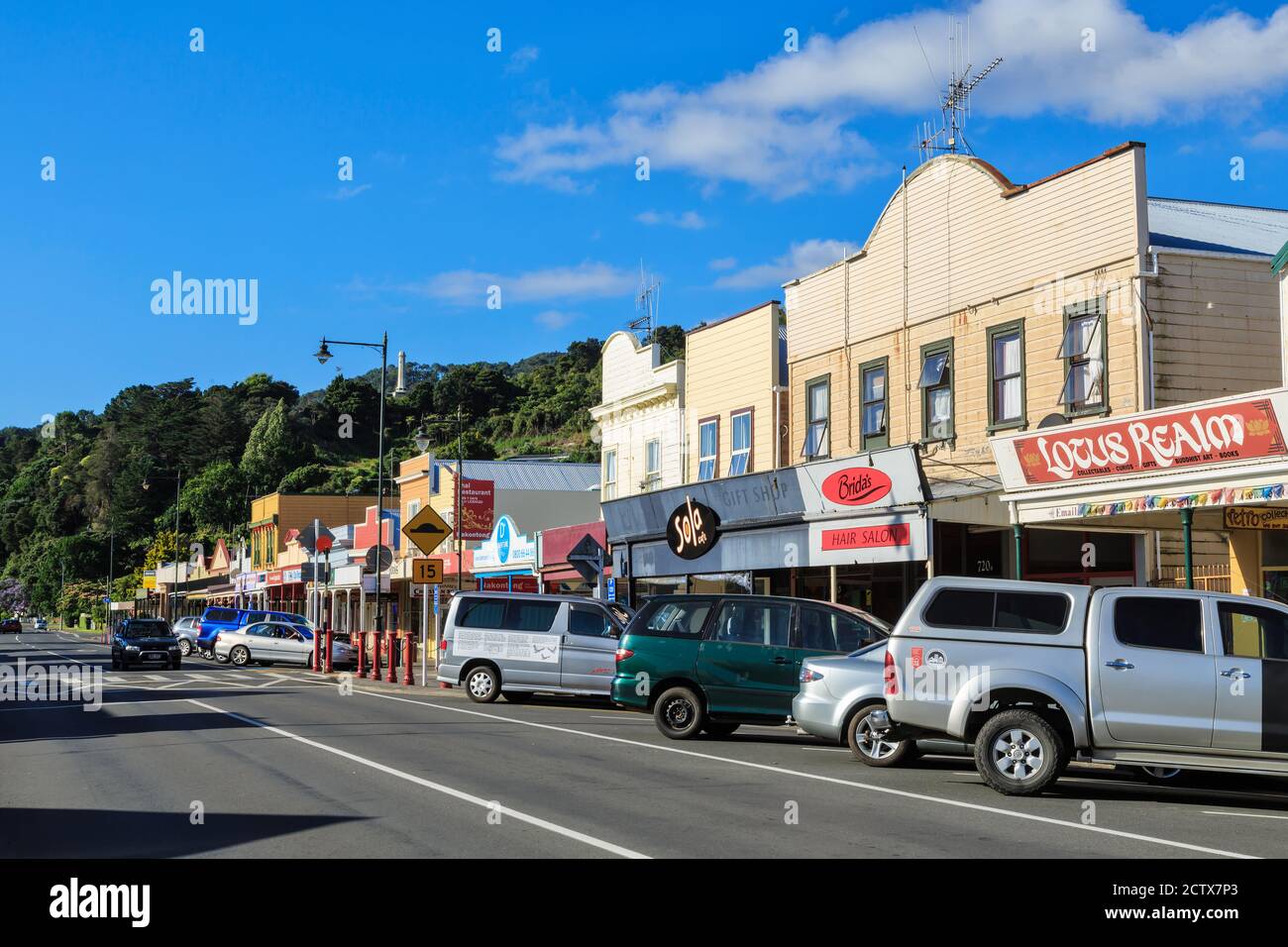 Pollen Street, Thames, New Zealand, lined with shops in historic wooden