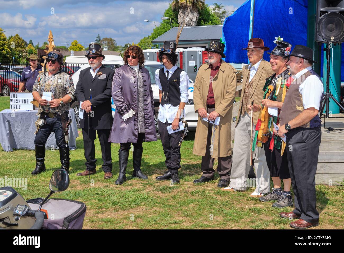 Men in elaborate vintage and steampunk themed clothing at a a village fair. Tauranga, New Zealand, March 16 2019 Stock Photo