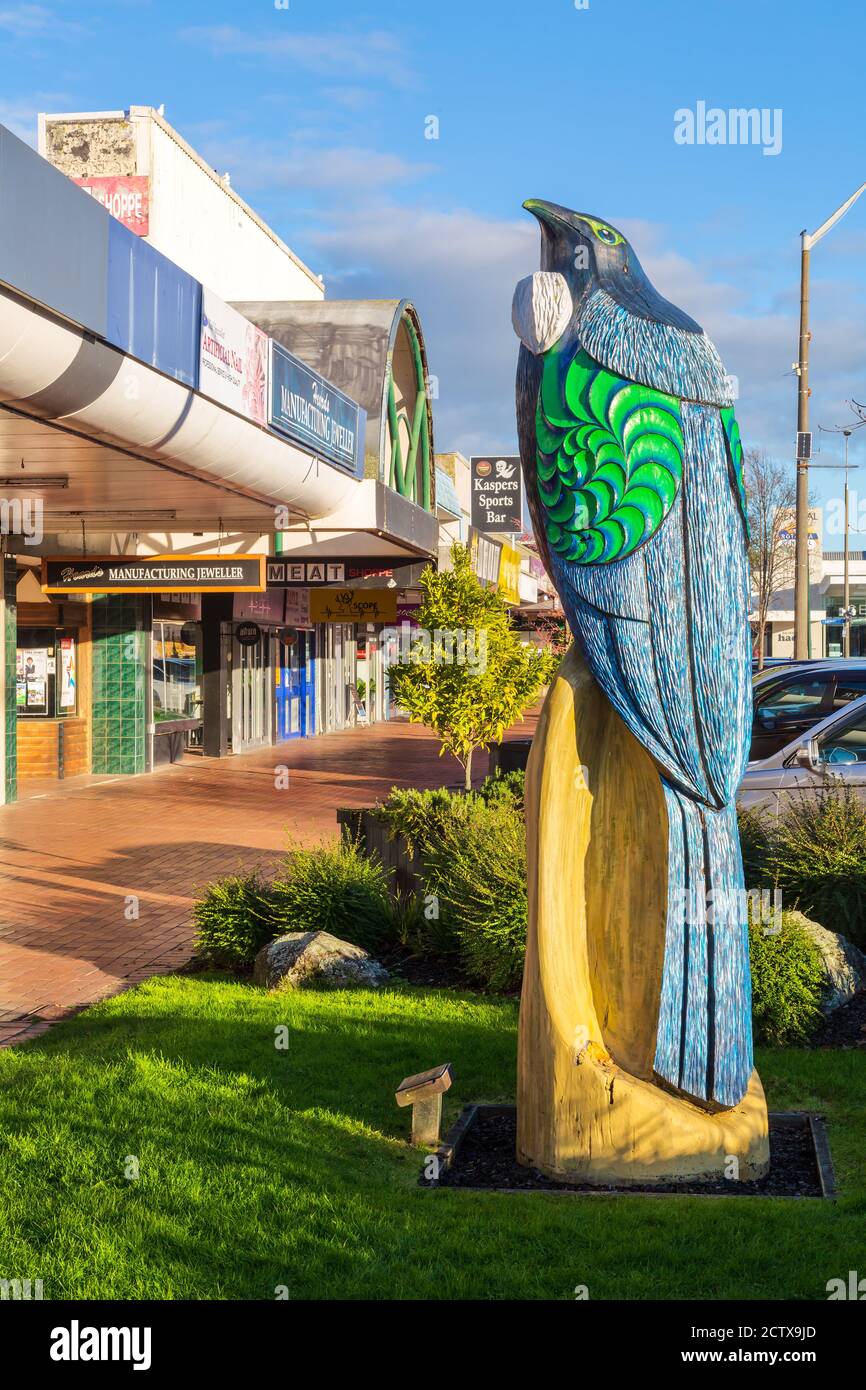 A sculpture of a tui, a native bird, on a street in Rotorua, New Zealand. Photographed July 7 2019 Stock Photo