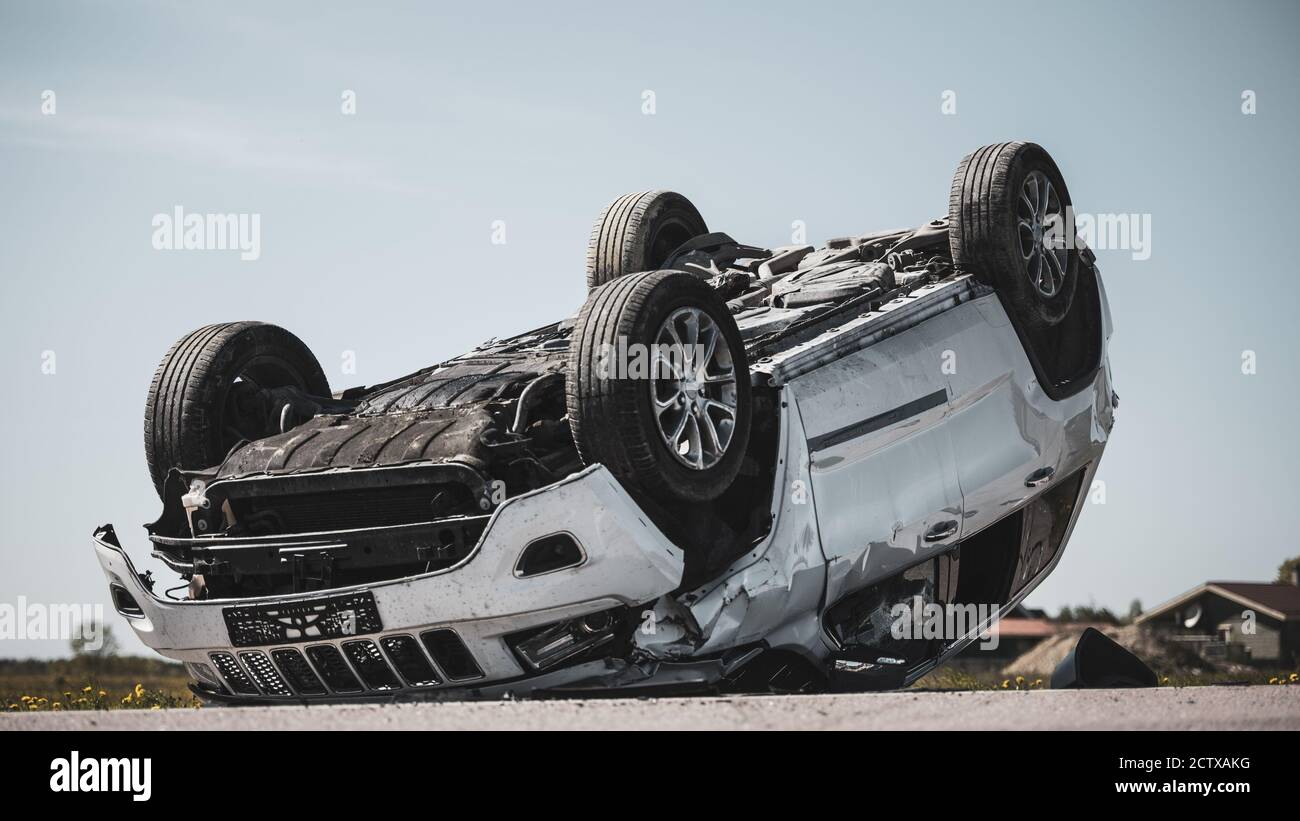 Horrific Traffic Accident, Rollover Smoking and Burning Vehicle Lying