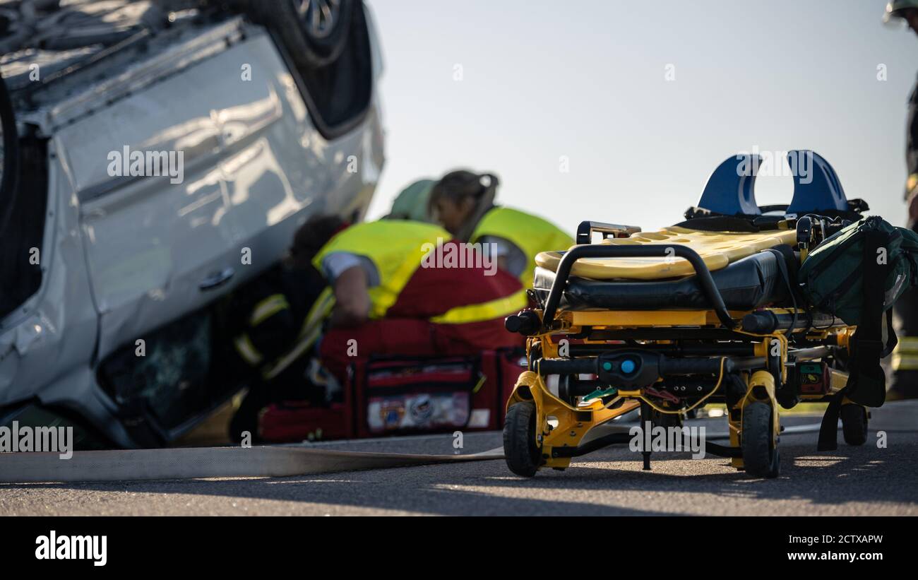 Paramedics and Firefighters Arrive On the Car Crash Traffic Accident