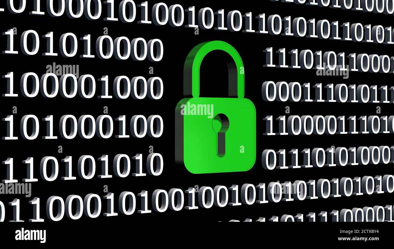 Closed green padlock integrated into a binary code screen made of white ...