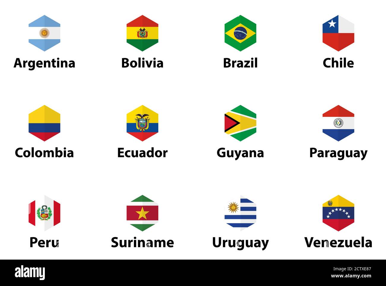 South America all countries' flags. Hexagon isolated flat style design icons set Stock Vector
