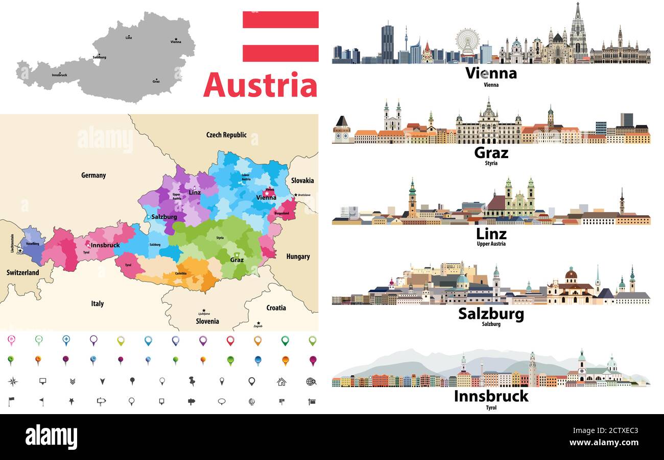 Austria map colored by states showing districts boundaries, with neighbouring countries. Austrian cities skylines. Flag of Austria. Navigation and loc Stock Vector
