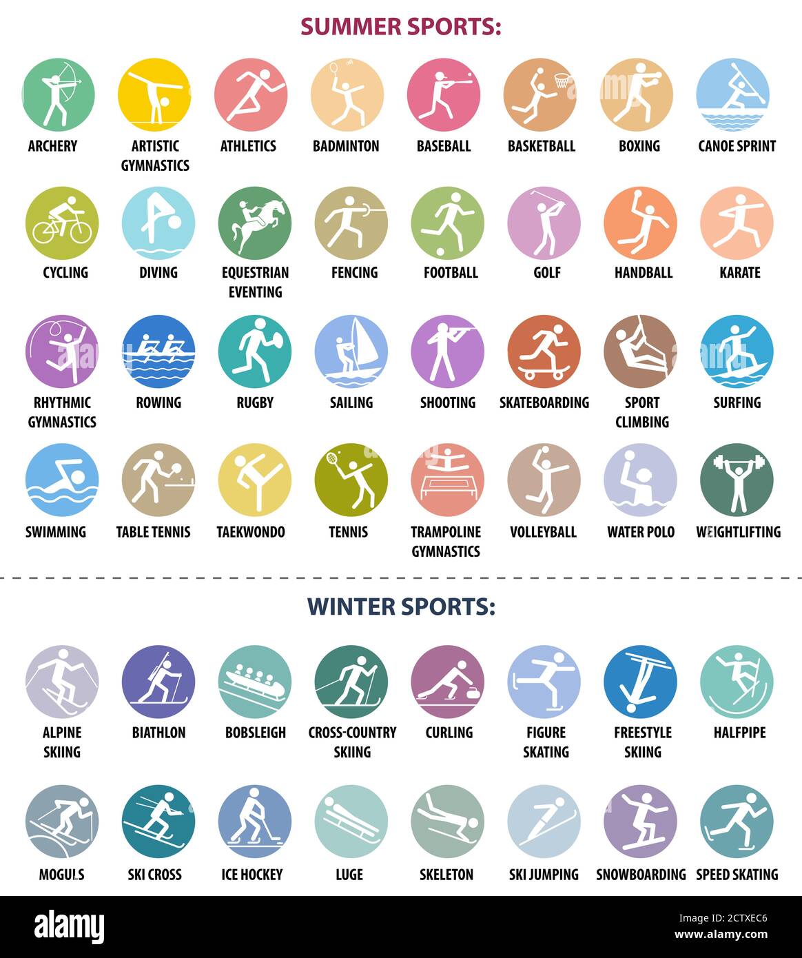 Summer and winter sports icons. Vector isolated pictograms on bright colorful round backgrounds with the names of sports disciplines Stock Vector