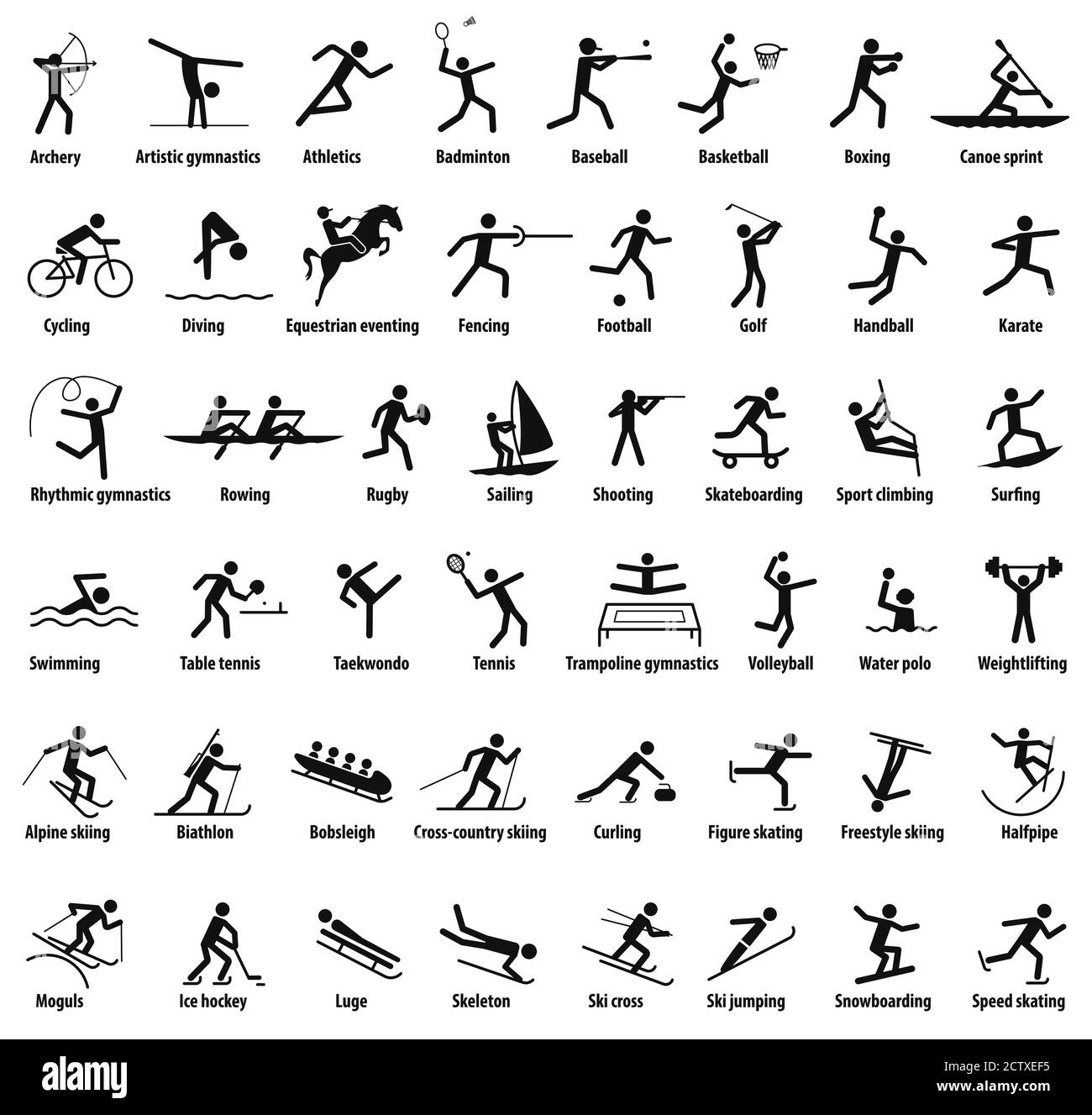 Sports icons. Vector isolated black pictograms with the names of sports disciplines Stock Vector