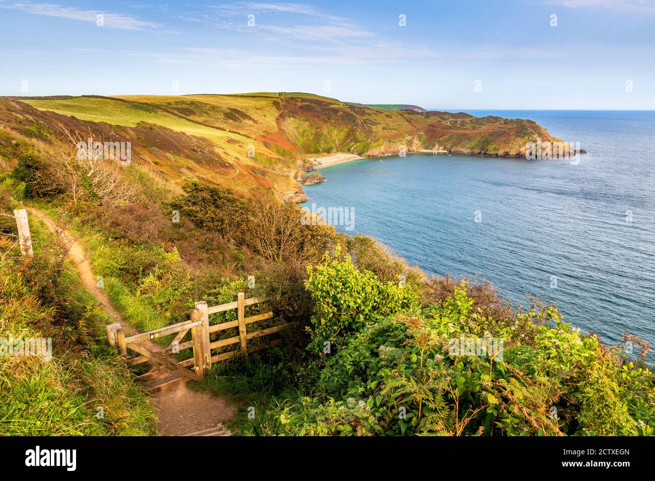 Lantic Bay from the South West Coast Path on the Cornish coast, Cornwall, England Stock Photo