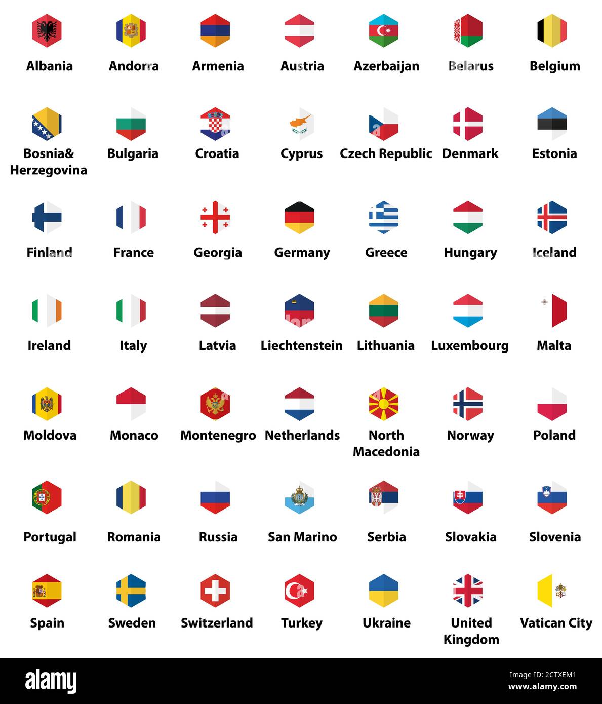 Europe all countries' flags. Hexagon isolated flat style design icons set Stock Vector