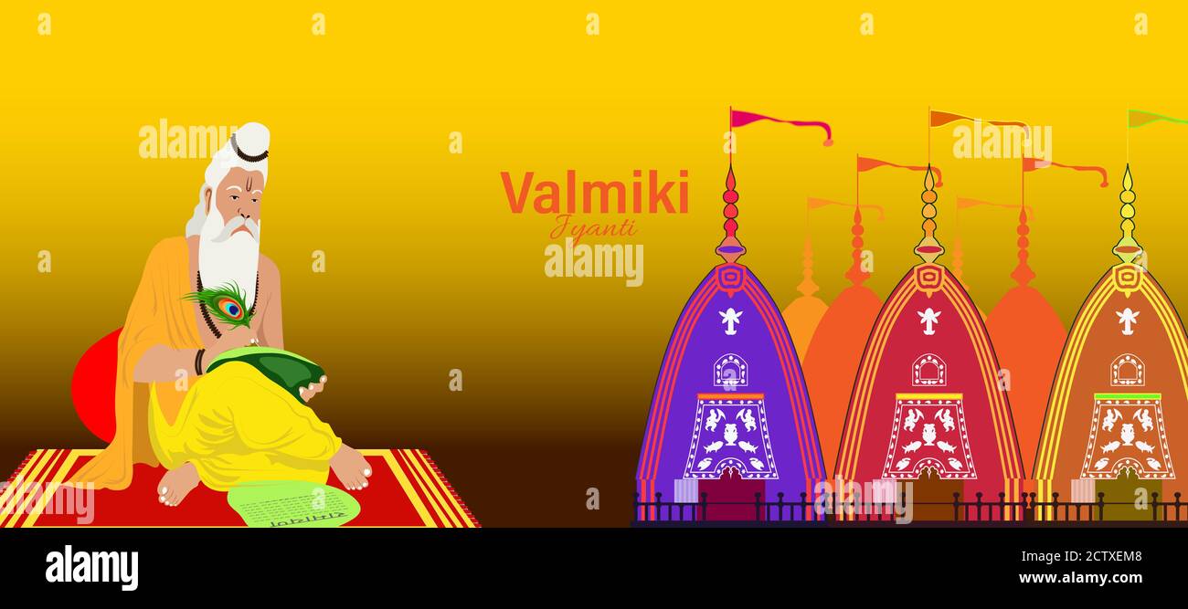 Ramanya text written in hindi which means Epic book of ramayana. Vector Illustration of Valmiki Jayanti, A mythological peot of Ramayana. banner or po Stock Vector