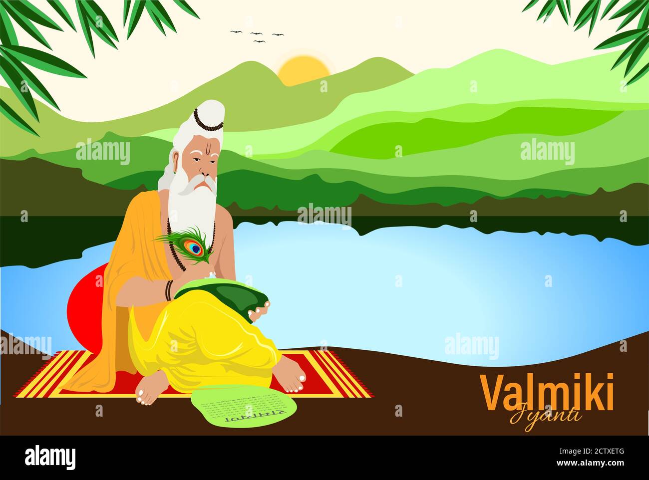 Ramanya text written in hindi which means Epic book of ramayana. Vector Illustration of Valmiki Jayanti, A mythological peot of Ramayana. banner or po Stock Vector