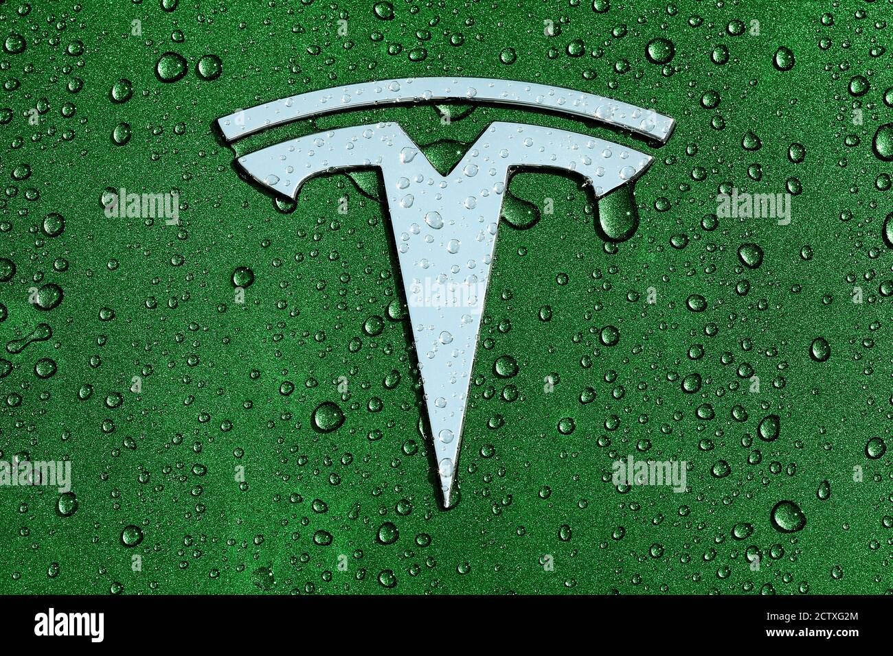 Tesla T badge logo decal or emblem on the hood / bonnet of a Model 3 in green, with rain, raindrops or dew. Stock Photo