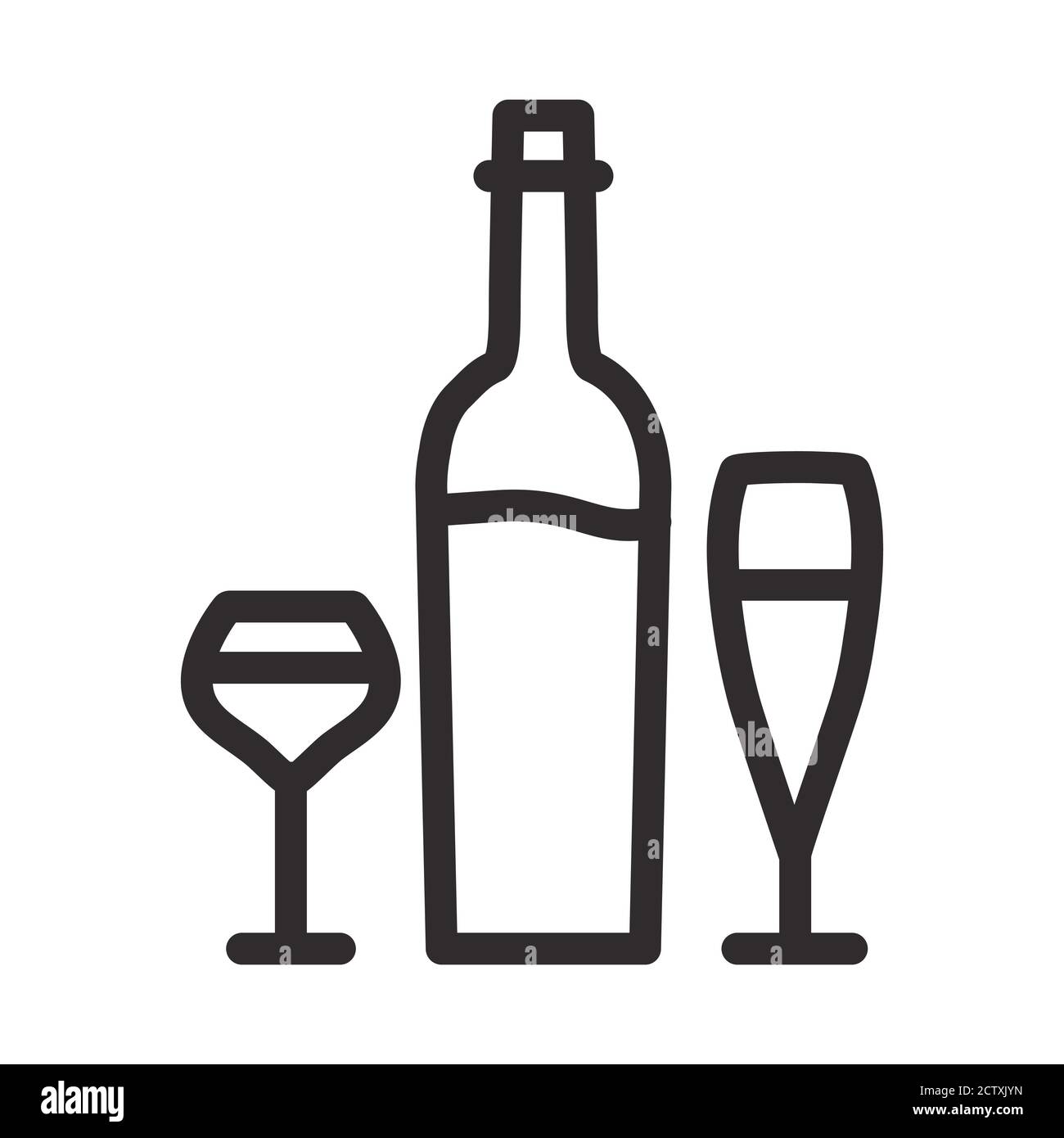 Wine bottle and glass icon. Outline vector isolated on white background ...