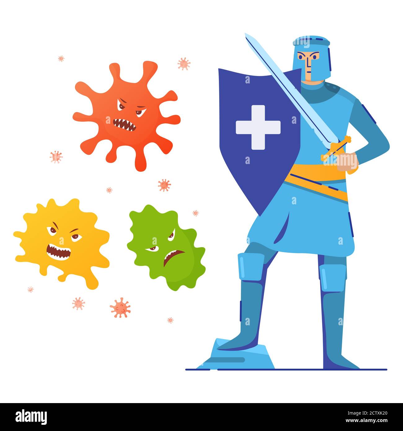 Disease protection.Knight fights bacteria attack with shield and a sword. viruses.Immune system. Stock Vector