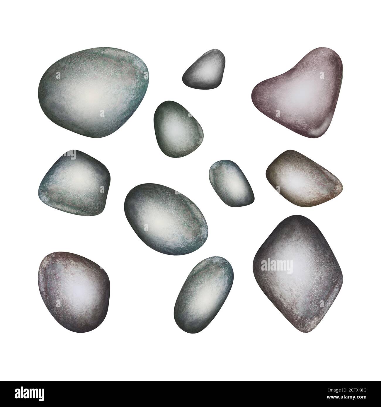 Set of watercolor SPA sea colorful stones isolated on white background. Watercolour hand drawn abstract rocks art work illustration. Color pale geomet Stock Photo