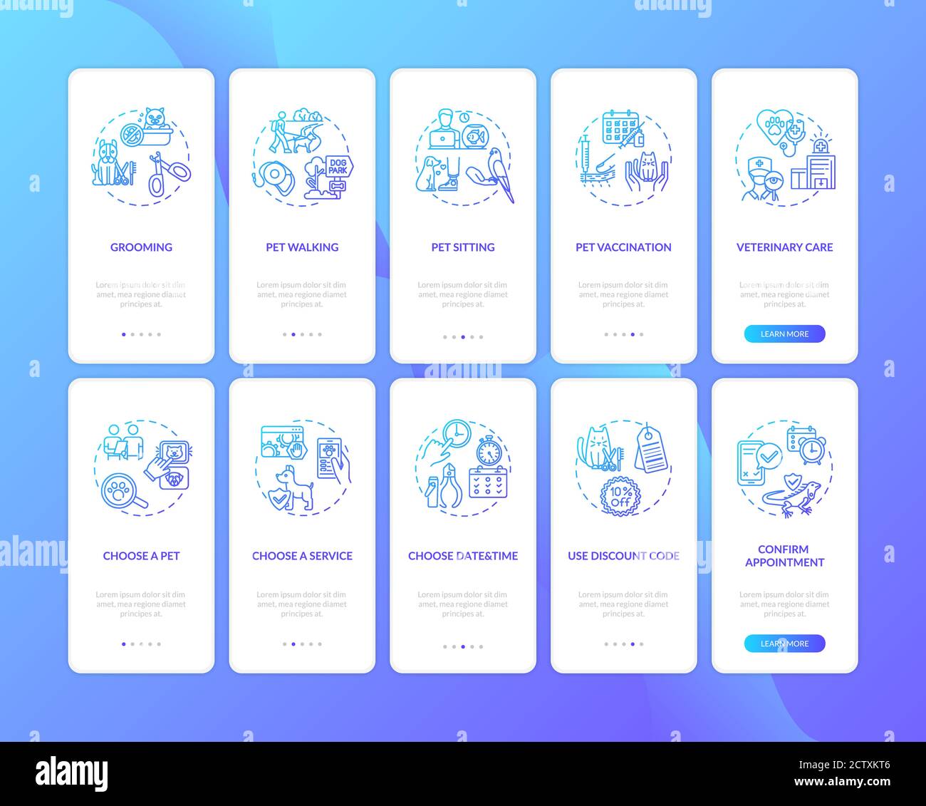 Pet services onboarding mobile app page screen with concepts set Stock Vector