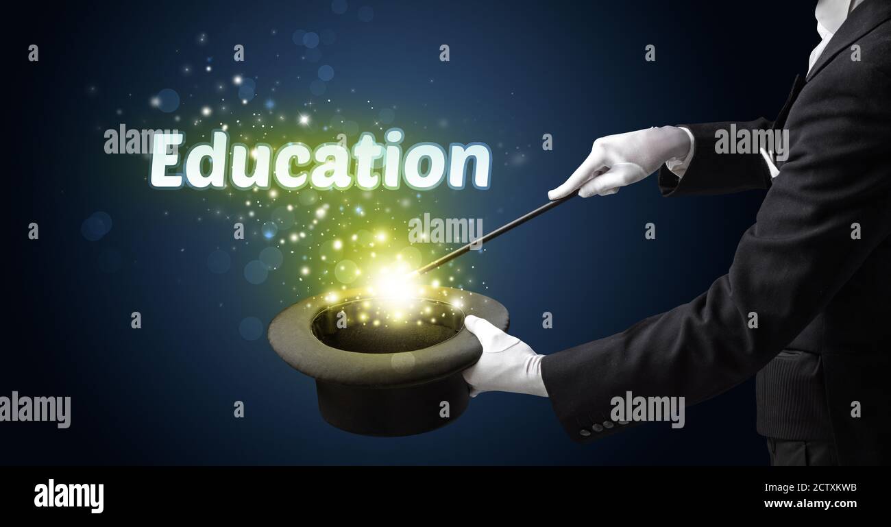 Magician is showing magic trick with Education inscription, educational ...
