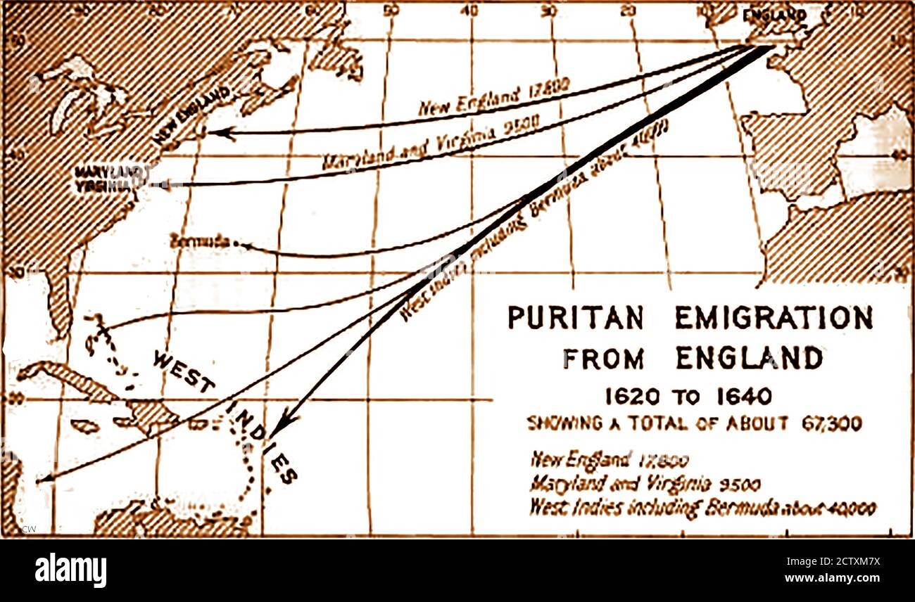 1933 map showing where emigrating Puritans settled after emigrating from England between 1620 & 1640 (The Great Migration) Stock Photo