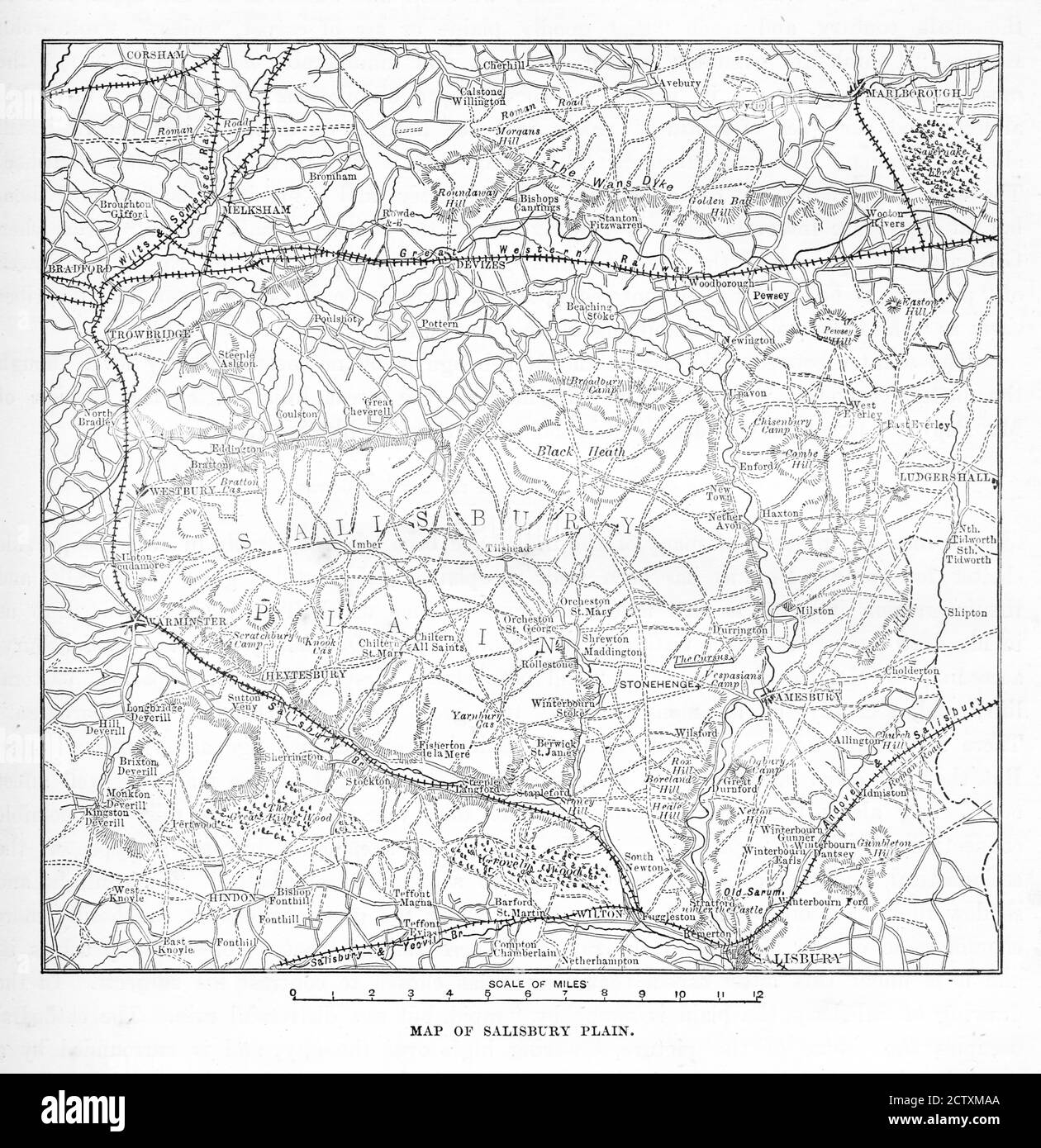 Victorian Map of The Salisbury Plain of England Engraving Stock Photo