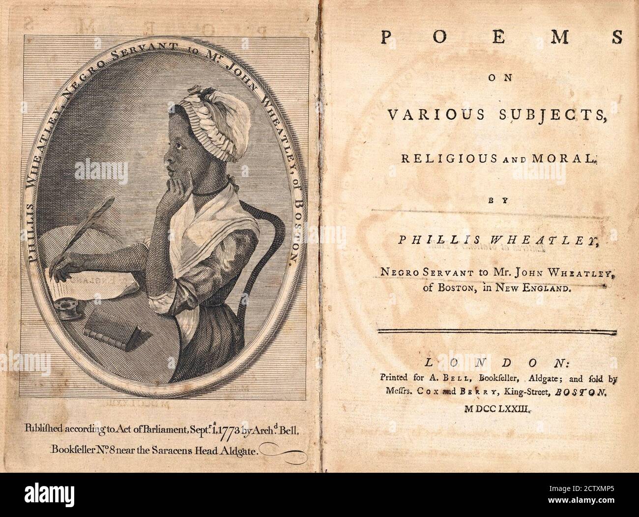 Phillis Wheatley (c.1753-1784), the first African-American author of a published book of poetry. Frontispiece and title page of a first edition of her book 'Poems on Various Subjects Religious and Moral', 1773 Stock Photo