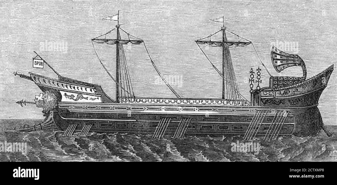 Trireme. Wood engraving of an ancient Roman Galley with three banks of oars, wood engraving, 1872 Stock Photo