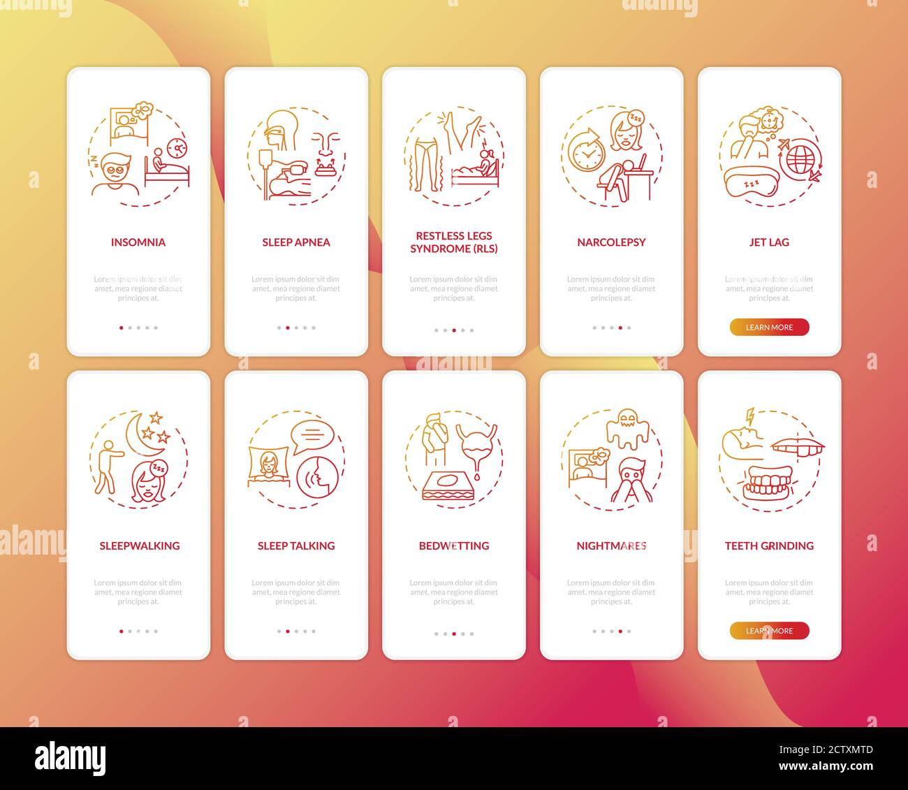 Sleep disorders red gradient onboarding mobile app page screen with concepts set Stock Vector