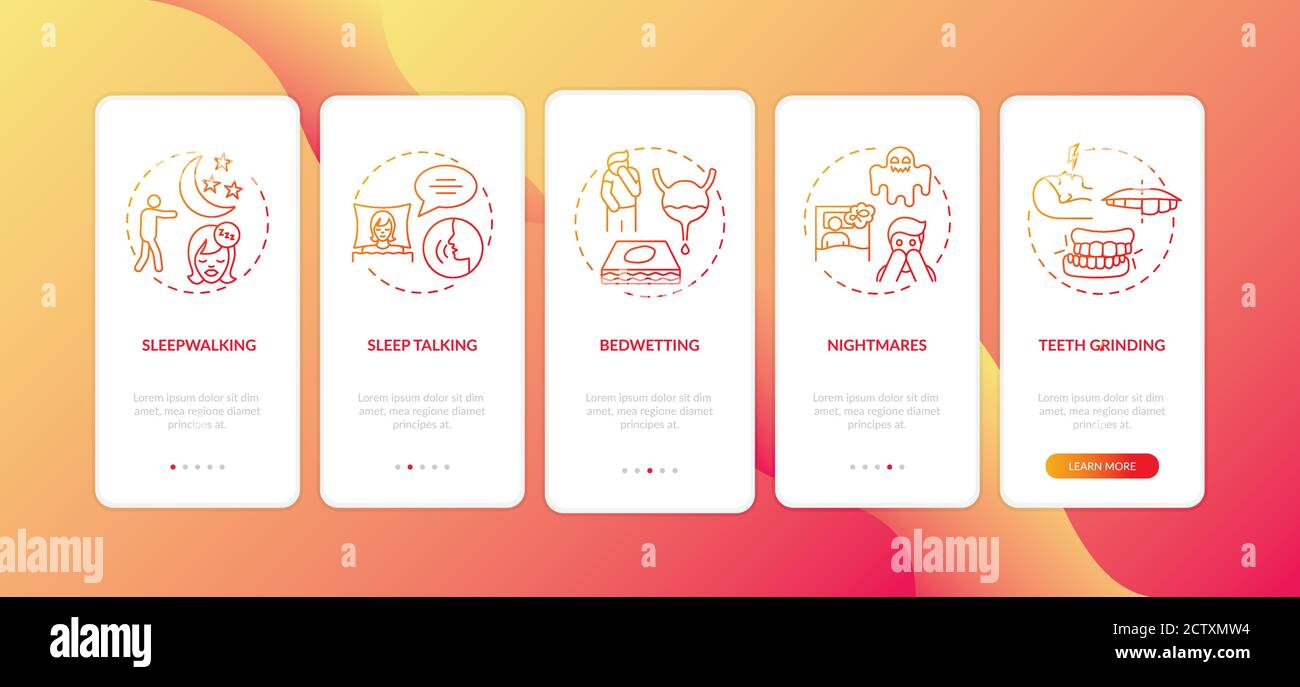 Sleep problems red gradient onboarding mobile app page screen with concepts Stock Vector